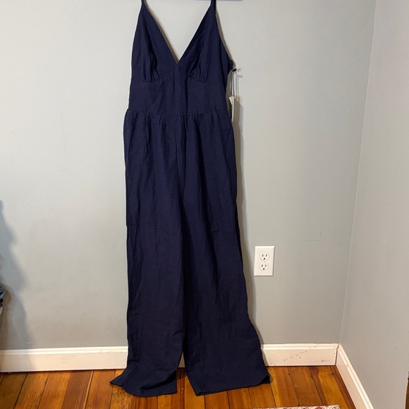 NWT Japna Deep Blue V-Neck Linen Bohemin Tie Back Jumpsuit Large Natural Fiber - Picture 2 of 6